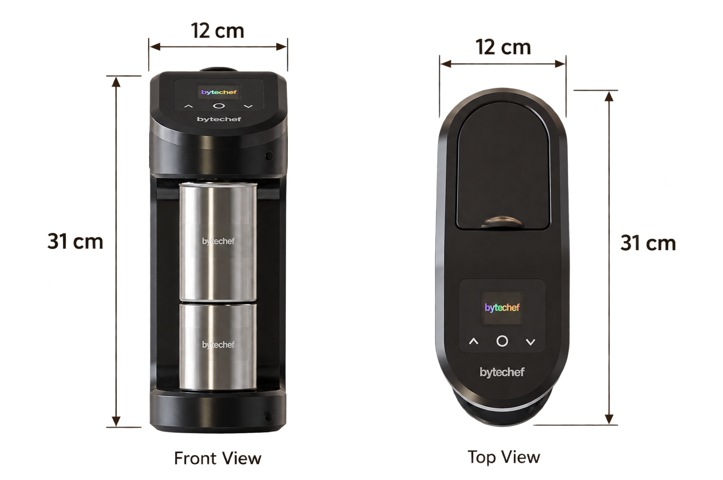 ByteChef machine front and top views with 12 cm width and 31 cm height dimensions