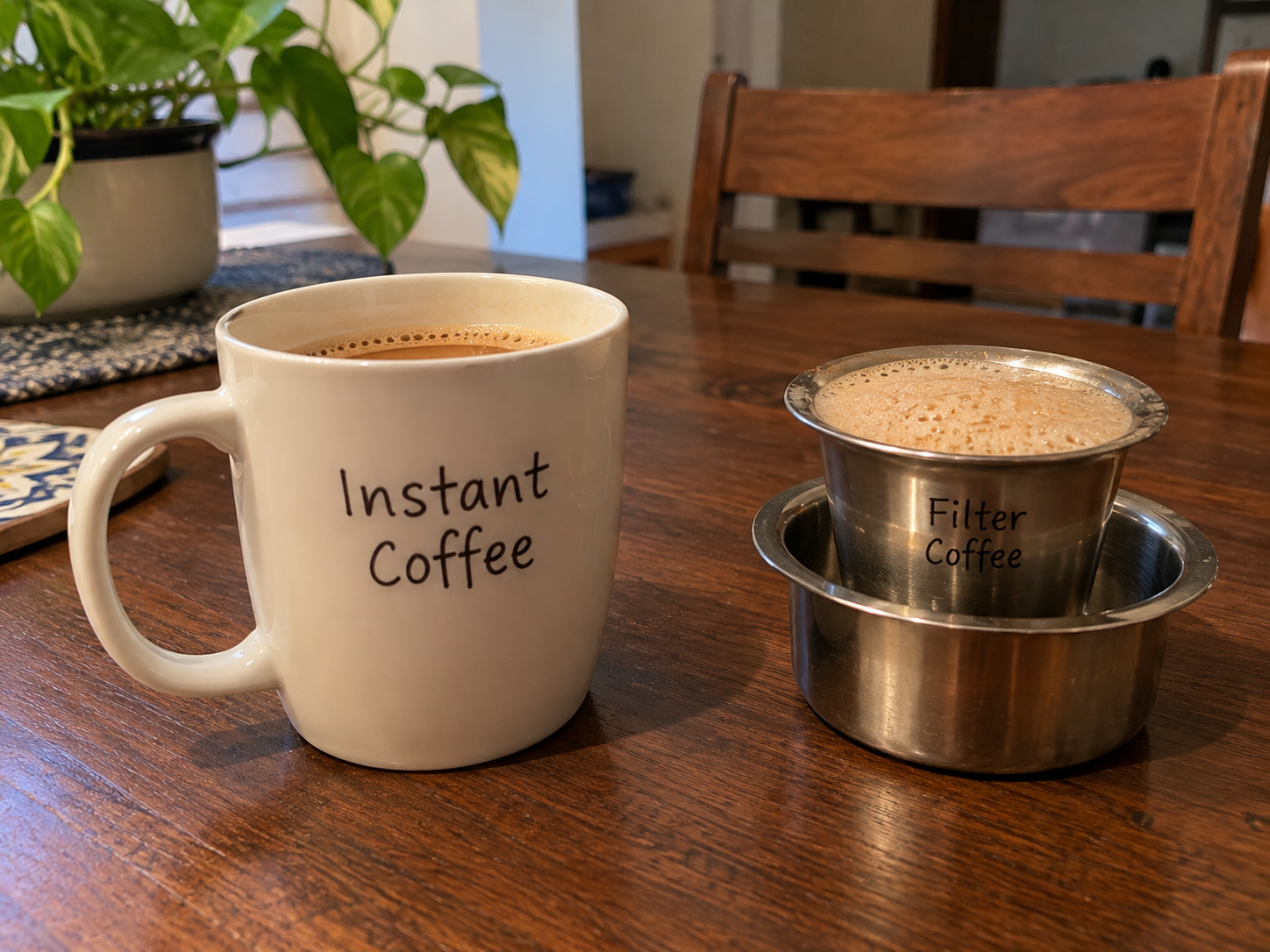 A mug labelled Instant Coffee beside a traditional stainless-steel tumbler and davara labelled Filter Coffee on a table at home.