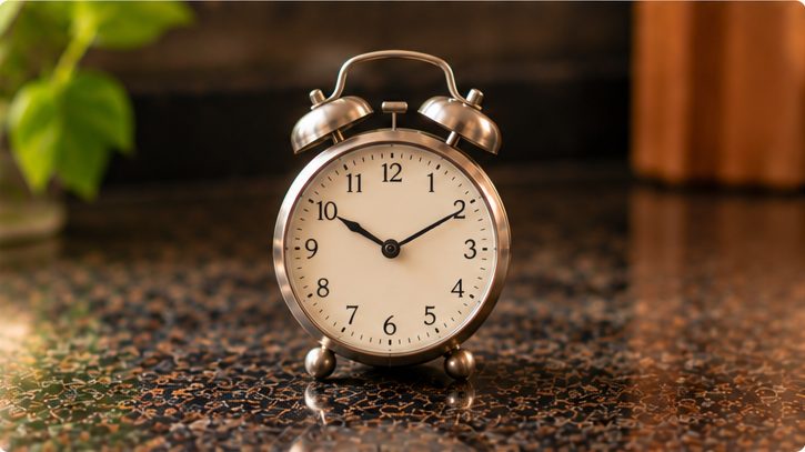 A twin-bell alarm clock on a kitchen counter, standing for brewing time