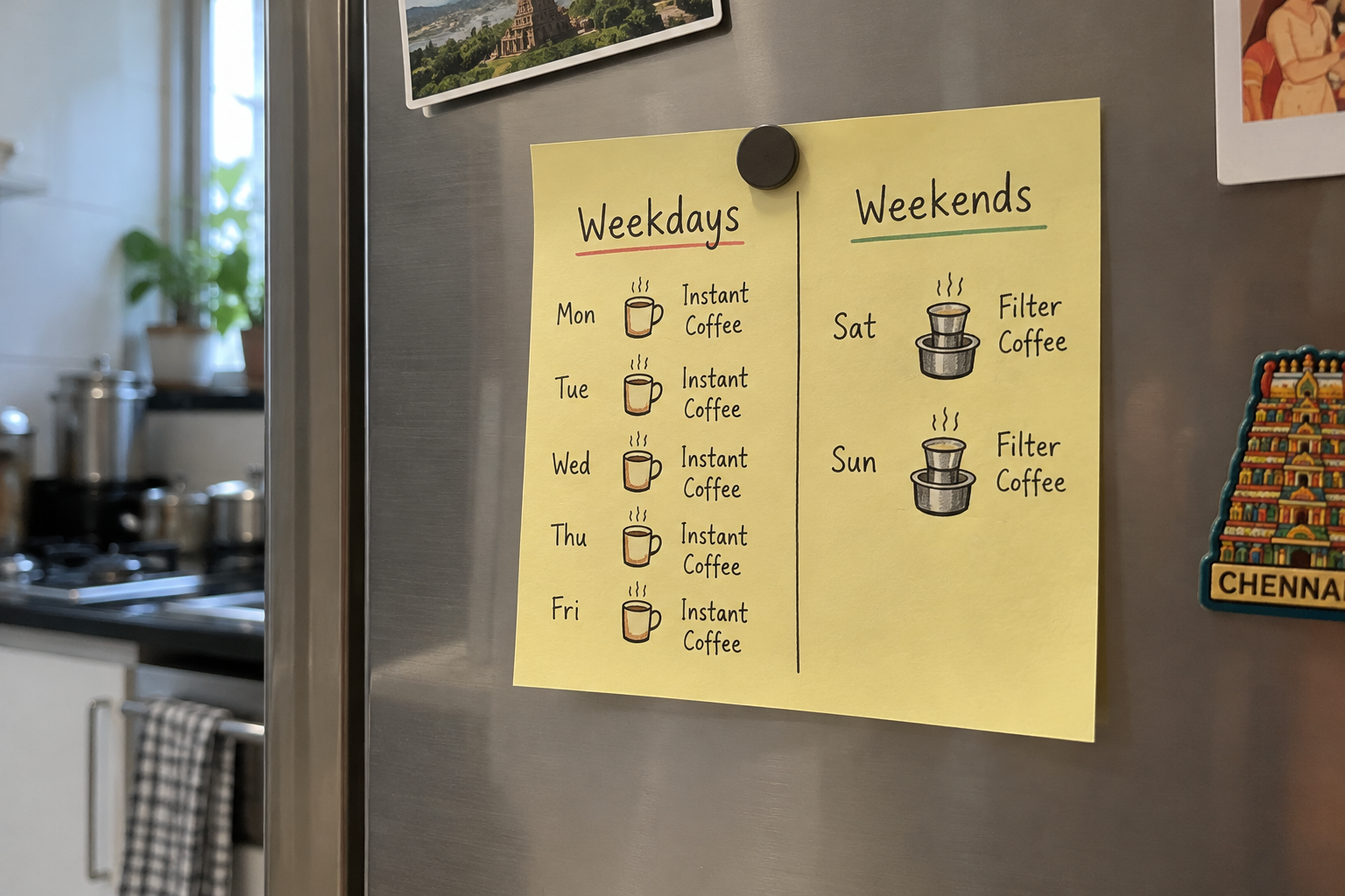 A handwritten note on a refrigerator comparing instant coffee on weekdays with filter coffee on weekends.