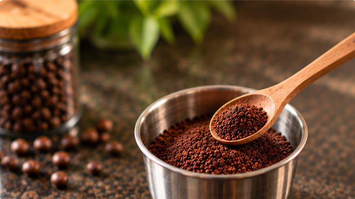 Ground coffee in a steel cup with a wooden spoon, a jar of whole beans behind it