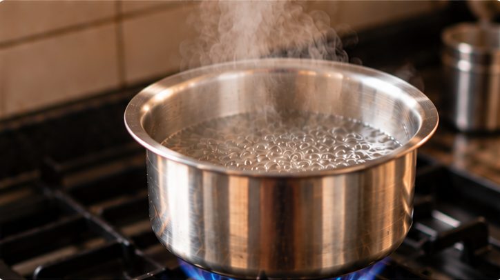 Water boiling in a steel pot on a lit gas stove