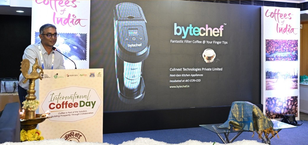 ByteChef's founder speaking at the Coffee Board of India's celebrations of International Coffee Day 2026