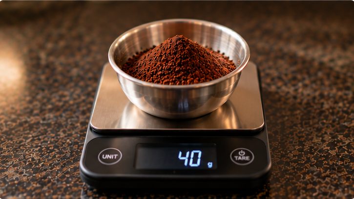 A steel bowl of ground coffee reading 40 g on a digital kitchen scale